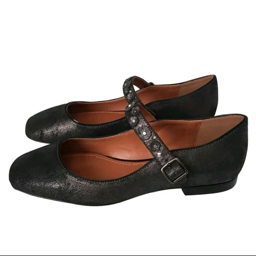COACH Mary Jane Floral Embellished Anthracite Leather Flats Shoes size 6.5 - Picture 5 of 5
